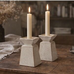 Scott Living Ceramic Pyramid Candle Holders Set of 2 Speckled Ivory Modern